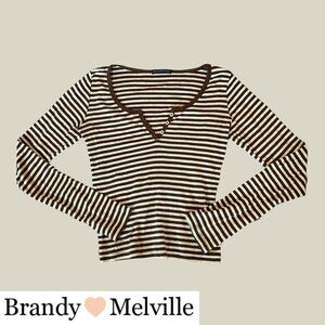 Brandy Melville striped long-sleep button up top in brown/cream (one size/S/M)